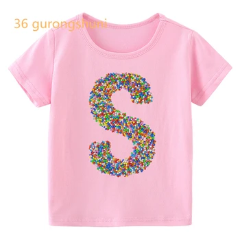 розовая футболка для мальчиков, топы для девочек с радужными буквами S, Z, Q, графические футболки, Красочная детская одежда, детская одежда для мальчиков от 8 до 12 лет