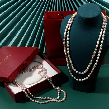 120 см Ожерелье из настоящего натурального пресноводного жемчуга Подарки для свадебной вечеринки с рисунком из жемчуга в стиле барокко, длинное ожерелье-цепочка для свитера для женщин