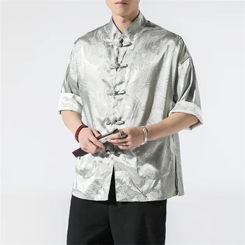 2023 Китайские рубашки, атласный шелк, винтажное пальто, блузка Hanfu, традиционная китайская одежда для мужчин, топ с танским воротником, новогодняя одежда