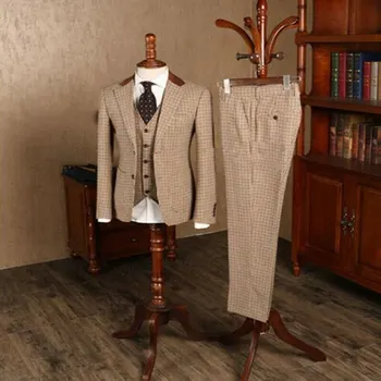2023 Коричневые Классические мужские брюки из твида в клетку, приталенный свадебный смокинг жениха, мужской официальный деловой костюм Только для брюк