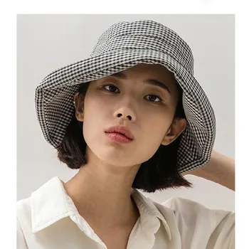 2023 Модная Новая широкополая клетчатая женская шляпа-ведро для женщин, Пляжная шляпа с козырьком, женская хлопковая шляпа с козырьком для защиты от солнца на открытом воздухе