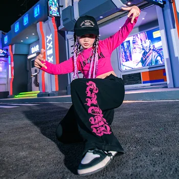 2023 Новая подростковая одежда в стиле хип-хоп, розовые топы с длинными рукавами + Черные брюки-карго, костюм для джазовых танцев для девочек