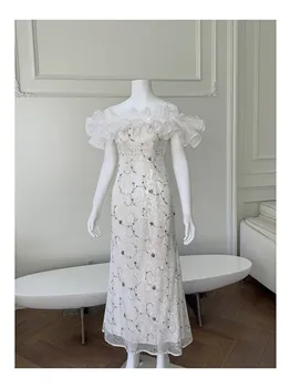 2023 Новое Летнее Дизайнерское Женское Модное Длинное платье без рукавов с вырезом лодочкой, высококачественное сетчатое платье с пайетками для подиума, Vestidos Femme
