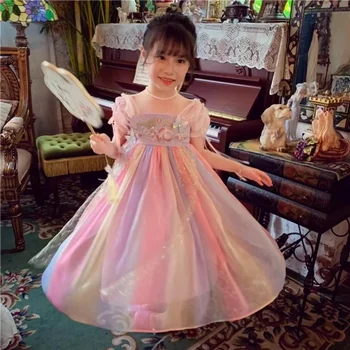 2023 Новое модное шелковое шифоновое платье с вышивкой в китайском стиле для девочек с красочными буквами