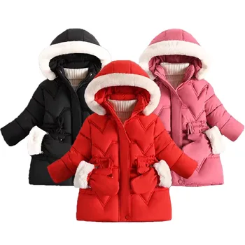3-8 лет, 2023 новая зимняя куртка для девочек средней длины, однотонная, плюс бархатная утепленная ветровка с капюшоном, пальто с перчатками
