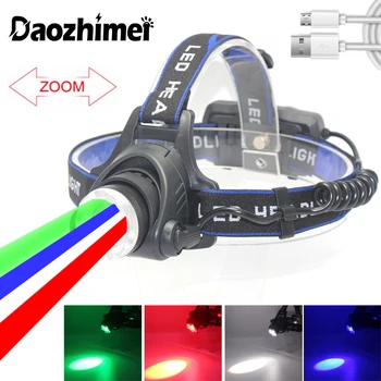 4 в 1 Многоцветная светодиодная фара с зумом, 4-цветной источник света, USB Перезаряжаемый налобный фонарь для кемпинга, охоты, рыбалки, головной фонарь