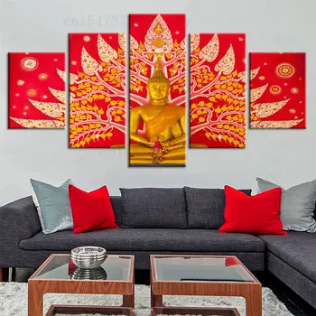 5 панелей красного фона Картина Будды Домашний декор для гостиной Фотографии Офисное украшение Настенное искусство HD Печать Холст Плакат