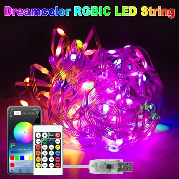 Dreamcolor USB светодиодные гирлянды Bluetooth управление Smart Fairy Light WS2812B RGBIC Рождественская лампа для свадебного украшения сада