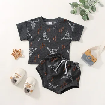 FOCUSNORM, комплекты летней одежды для новорожденных мальчиков из 2 предметов, футболка с принтом головы быка с коротким рукавом + комплект шорт с веревкой спереди
