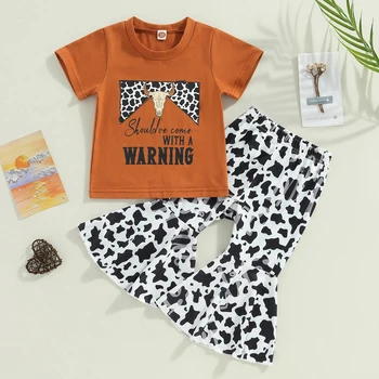FOCUSNORM / Комплекты одежды из 2 предметов для маленьких девочек от 0 до 4 лет, футболка с короткими рукавами и буквенным принтом из мультфильма с рисунком коровы, расклешенные брюки