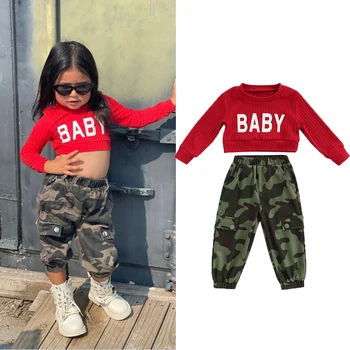FOCUSNORM/ модные осенние комплекты одежды из 2 предметов для маленьких девочек от 1 до 6 лет, топы с длинными рукавами и буквенным принтом в рубчик + камуфляжные брюки