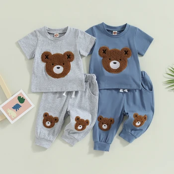 FOCUSNORM; Летние повседневные комплекты одежды для маленьких мальчиков от 0 до 3 лет; 2 предмета; Топы с короткими рукавами и принтом Медведя из мультфильма; Летние брюки на завязках