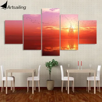 HD печать, холст, картина из 5 частей, Огненное облако, красное небо, закат, стая морских птиц, настенная картина для гостиной, бесплатная доставка XA-2144A