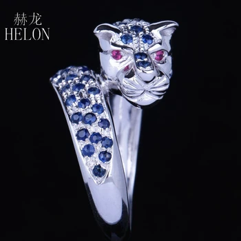 HELON Solid 14k Белое золото 10K Круглое кольцо с натуральным сапфиром и рубином 0,95 карата, новый дизайн, ювелирный подарок в форме животного