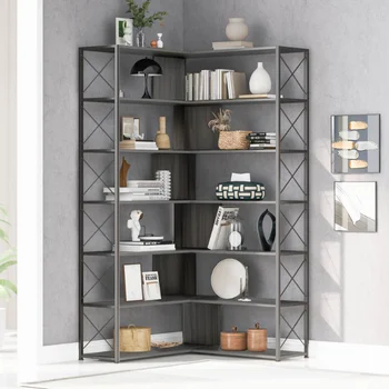 Ilver + Серый 7-ярусный книжный шкаф для домашнего офиса, книжная полка\  L-образный угловой книжный шкаф с металлическим каркасом\  Индустриальный стиль