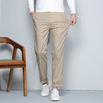Lansboter Цвета хаки, Весенне-летние новые мужские повседневные брюки из хлопка с лиоцеллом, облегающие прямые брюки из нетканого материала