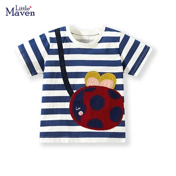 Little maven 2023, Новые топы, милые футболки с рисунком Битлз, полосатый узор, одежда для маленьких девочек, летняя детская одежда