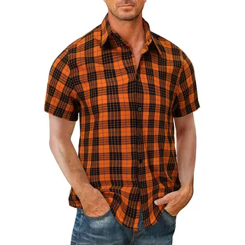 LUCLESAM Мужская Клетчатая рубашка С лацканами, Однобортные Рубашки С короткими рукавами, Летняя Повседневная Гавайская рубашка 2023, мужская одежда