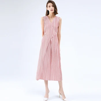 Miyake Pleats Нерегулярное платье 2023 Летнее Оригинальное Дизайнерское Новое Модное Женское платье с длинными флуоресцентными розовыми рукавами