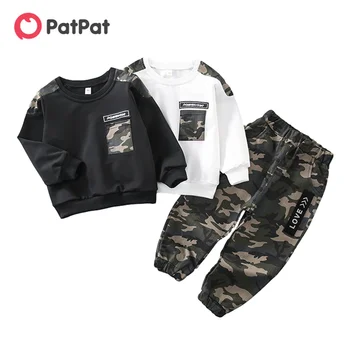 PatPat Новое поступление, весенне-осенний комплект из 2 предметов для маленьких мальчиков, камуфляжный пуловер с буквенным принтом и повседневные шаровары