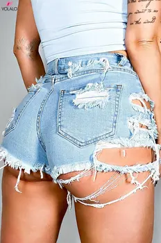 VOLALO Модные, сексуальные женские джинсовые шорты с высокой талией, 2023 Летние Новые женские Рваные уличные шорты с дырками, Джинсы