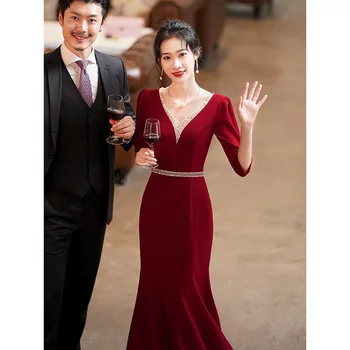 Yourqipao Китайское свадебное платье с вышивкой, свадебный Чонсам для женщин, Бордовое вечернее платье Русалки, костюм, Длинное элегантное платье
