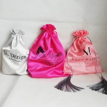 Атласные сумки на шнурке, гладкий и удобный материал для подарков и украшений, сумка для упаковки парика, логотип вашего магазина