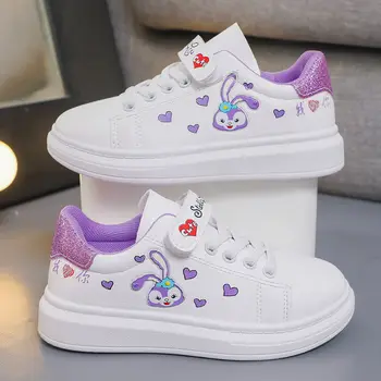 Белая повседневная обувь Disney для девочек с рисунком Стеллалу из искусственной кожи, спортивная розово-белая обувь, кроссовки на плоской подошве, Размер 25-36