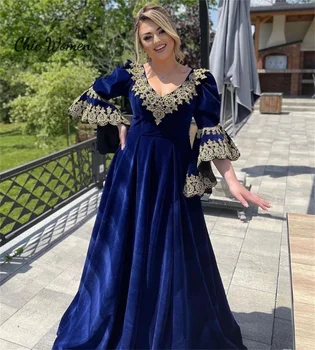 Ближневосточное Арабское вечернее платье 2023, Элегантное Темно-синее бархатное Марокканское платье для выпускного вечера С золотыми аппликациями, рукава трапециевидной формы, Официальная церемония