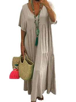 Богемное Праздничное Длинное платье с V-образным вырезом и коротким рукавом, Летний женский сарафан, халат, женское Повседневное Свободное платье