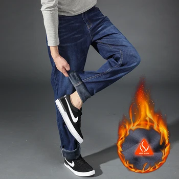Большие Большие Размеры Мужские Теплые джинсы 2022 Зима Новая Мода Повседневные Высококачественные Флисовые Эластичные Прямые Плотные брюки Джинсы Мужской Бренд