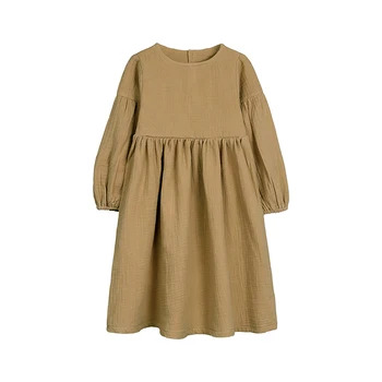 Весенне-осенние детские платья для девочек, хлопковое льняное детское платье с длинными рукавами, однотонная детская одежда для девочек, платье для девочек 1-6 лет