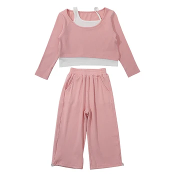 Весенне-осенняя детская одежда для малышей, Корейская версия детских однотонных хлопчатобумажных брюк с длинными рукавами для девочек, костюм из 2 предметов, топ-брюки