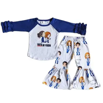 Весенне-синие топы с рукавами Реглан и мультяшным принтом для маленьких девочек, расклешенные брюки, комплекты из 2 предметов для маленьких девочек, повседневная стильная одежда, костюмы