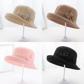 Весенние и летние женские солнцезащитные шляпы, вязаная кепка для бассейна, 56 см, хлопковые фетровые шляпы с маленькими бантиками, с искривленными полями, сплошной цвет TY0174