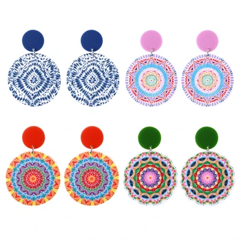 Винтажные акриловые серьги с цветочной росписью для женщин, круглые геометрические висячие серьги в этническом стиле 2023, ювелирные изделия в стиле бохо