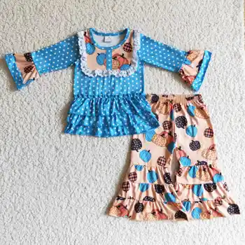 Высококачественная Оптовая продажа Одежды в синий горошек для малышей, Комплекты с рюшами-клеш для малышей, Осенний наряд в виде тыквы