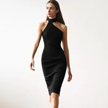 Вязаное платье в стиле Хепберн, легкое французское платье, летнее женское маленькое черное платье с открытыми плечами, платье для женщин
