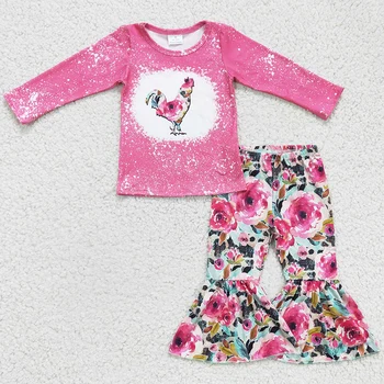 Горячая распродажа, Комплект одежды для маленьких девочек с цветочным рисунком Цыпленка, Милая одежда для маленьких девочек из молочного шелка, Топ с длинными рукавами, Расклешенные наряды