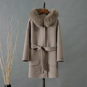 Двустороннее шерстяное пальто средней длины Повседневный шерстяной воротник пальто с капюшоном Манжеты с длинными рукавами и шерстяным воротником для разнообразного стиля одежды
