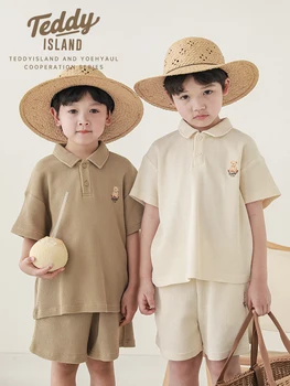 Детская винтажная футболка с принтом Медведя, вафельные шорты с коротким рукавом для мальчиков, комплект из 2 предметов