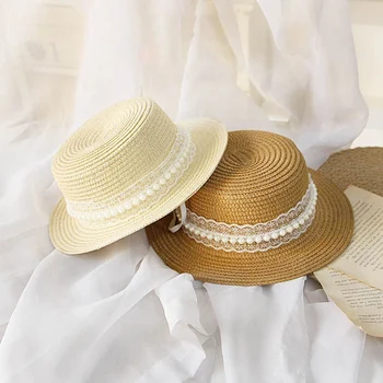 Детская Соломенная шляпа для девочек, кружевная шляпа от солнца с жемчугом, детская Пляжная Летняя Пляжная Круглая Фетровая шляпа с плоским верхом 50 52 54 см