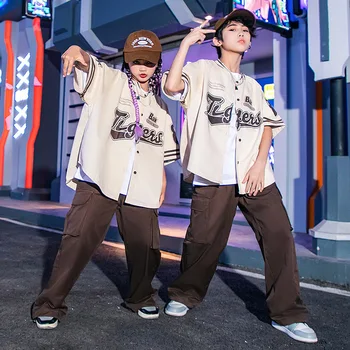Детская уличная одежда в стиле хип-хоп, Бейсбольная рубашка с коротким рукавом, брюки для танцев, рубашка для мальчиков и девочек-подростков, Брюки-карго