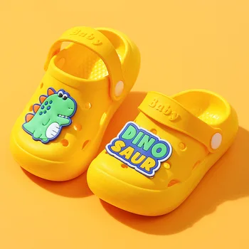 Детские желтые тапочки с динозаврами из ПВХ, обувь с дырочками, пляжные сандалии для мальчиков, домашние тапочки для девочек, летняя детская садовая обувь с запахом на каблуке