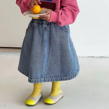 джинсовые юбки deer jonmi /2023, весенние юбки в корейском стиле для маленьких девочек, однотонная мягкая повседневная юбка трапециевидной формы для малышей