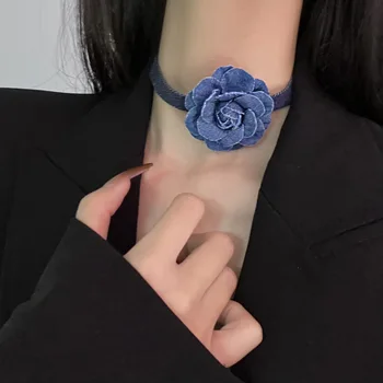 Дизайн воротника с голубой цветочной лентой в винтажном стиле, Элегантное ожерелье с цепочкой на ключицу, Аксессуары Kpop Y2k