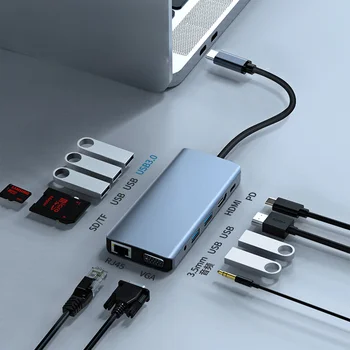 Док-станция Type-C для ноутбука, HDMI + VGA, двойной экран, 12 в 1, сетевой порт, высокоскоростная док-станция USB