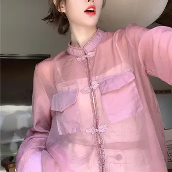 Женская летняя прозрачная блузка Hsa, сексуальная прозрачная блузка, Белые, розовые рубашки в китайском стиле, повседневные топы с длинными рукавами, японские