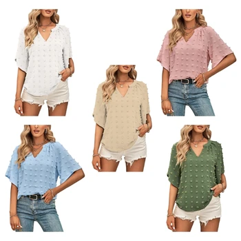 Женская Летняя Шифоновая блузка с расклешенными рукавами и Жаккардовыми свободными рубашками с помпоном, Топ