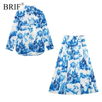 Женская модная рубашка BRIF из поплина с синим принтом и юбка Миди с высокой талией 2023, Летние комплекты женских юбок, повседневная уличная одежда для девочек